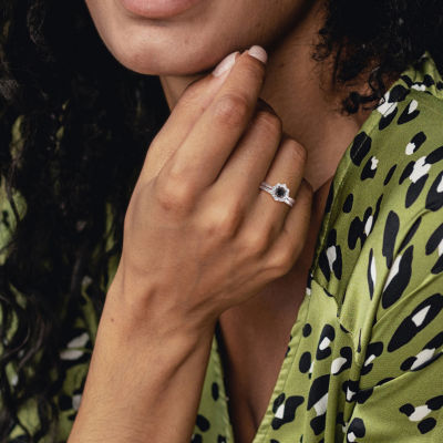 Womens 1 CT. T.W. Natural Black Diamond 14K White Gold Round Halo Bridal Set