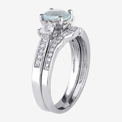 Womens 1/7 CT. T.W. Genuine Blue Aquamarine 10K White Gold Round Side Stone 3-Stone Bridal Set