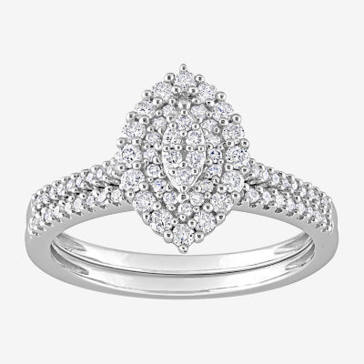 Womens 1/2 CT. T.W. Natural White Diamond 10K White Gold Marquise Side Stone Halo Bridal Set