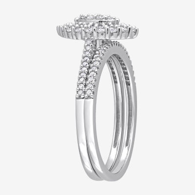 Womens 1/2 CT. T.W. Natural White Diamond 10K White Gold Marquise Side Stone Halo Bridal Set