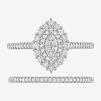 Womens 1/2 CT. T.W. Natural White Diamond 10K White Gold Marquise Side Stone Halo Bridal Set