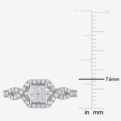 Womens 1/2 CT. T.W. Natural White Diamond 10K White Gold Cushion Side Stone Crossover Engagement Ring