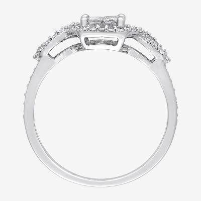 Womens 1/2 CT. T.W. Natural White Diamond 10K White Gold Cushion Side Stone Crossover Engagement Ring
