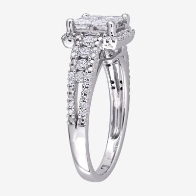 Womens 1 CT. T.W. Natural White Diamond 10K White Gold Side Stone Halo Engagement Ring