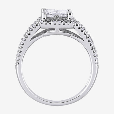 Womens 1 CT. T.W. Natural White Diamond 10K White Gold Side Stone Halo Engagement Ring