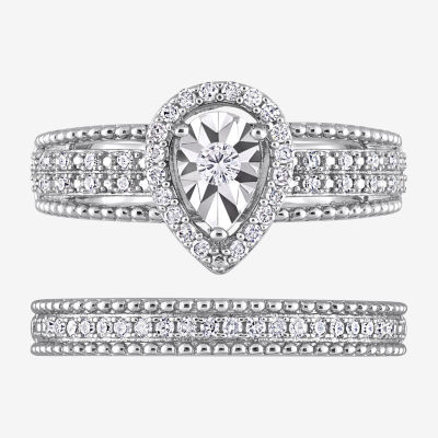 Womens 1/3 CT. T.W. Natural White Diamond Sterling Silver Pear Halo Bridal Set