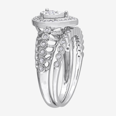 Womens 1/3 CT. T.W. Natural White Diamond Sterling Silver Pear Halo Bridal Set