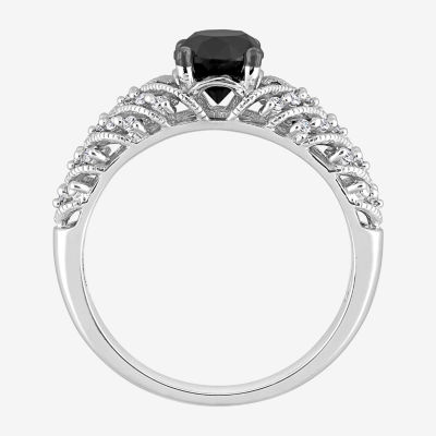 Womens 7/8 CT. T.W. Natural Black Diamond 14K White Gold Round Side Stone Engagement Ring