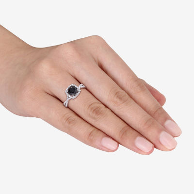 Womens 1 1/2 CT. T.W. Genuine Black Diamond 14K White Gold Cushion Side Stone Halo Engagement Ring