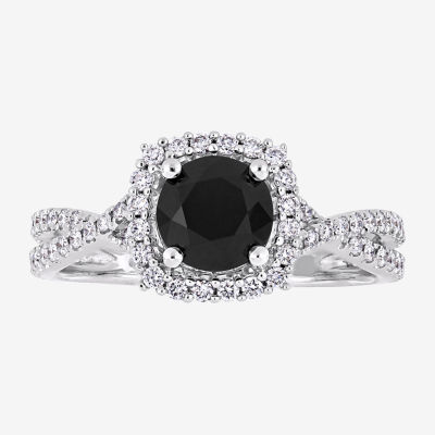 Womens 1 1/2 CT. T.W. Genuine Black Diamond 14K White Gold Cushion Side Stone Halo Engagement Ring