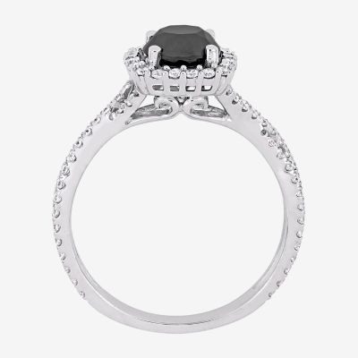 Womens 1 1/2 CT. T.W. Genuine Black Diamond 14K White Gold Cushion Side Stone Halo Engagement Ring