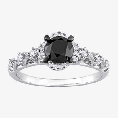 Womens 3/4 CT. T.W. Natural Black Diamond 14K White Gold Round Side Stone Halo Engagement Ring