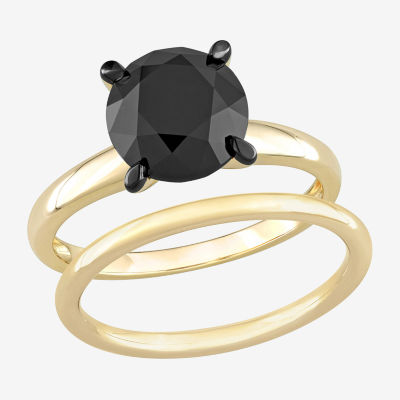 Womens 3 CT. Natural Black Diamond 14K Gold Round Solitaire Bridal Set