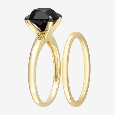 Womens 3 CT. Natural Black Diamond 14K Gold Round Solitaire Bridal Set