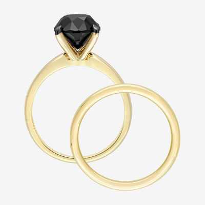 Womens 3 CT. Natural Black Diamond 14K Gold Round Solitaire Bridal Set