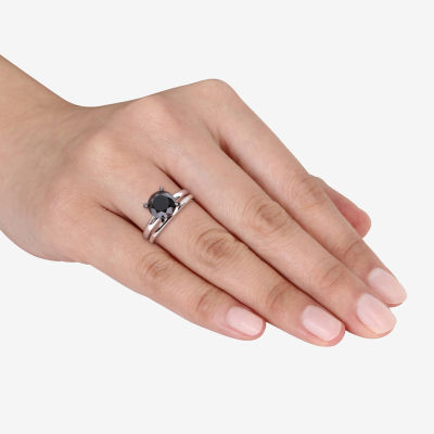 Womens 3 CT. Natural Black Diamond 14K White Gold Round Solitaire Bridal Set