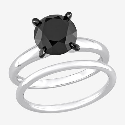 Womens 3 CT. Natural Black Diamond 14K White Gold Round Solitaire Bridal Set