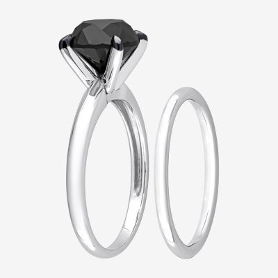 Womens 3 CT. Natural Black Diamond 14K White Gold Round Solitaire Bridal Set