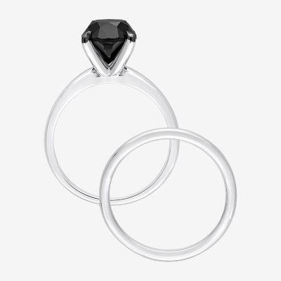Womens 3 CT. Natural Black Diamond 14K White Gold Round Solitaire Bridal Set