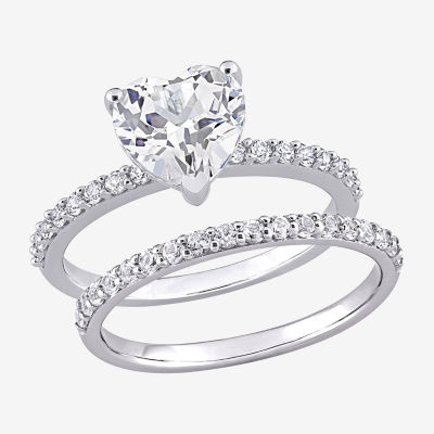 Womens Lab Created White Sapphire 10K White Gold Heart Side Stone Bridal Set