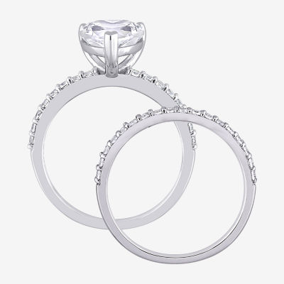 Womens Lab Created White Sapphire 10K White Gold Heart Side Stone Bridal Set
