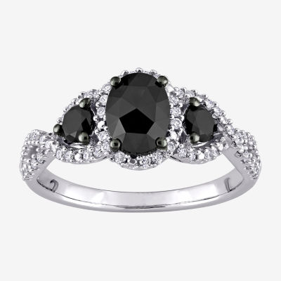 Midnight Black Womens 1 1/3 CT. T.W. Natural Black Diamond 14K White Gold Oval Side Stone 3-Stone Engagement Ring