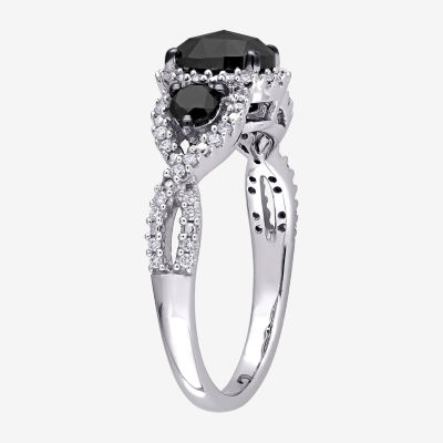 Midnight Black Womens 1 1/3 CT. T.W. Natural Black Diamond 14K White Gold Oval Side Stone 3-Stone Engagement Ring