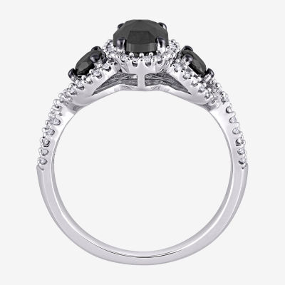 Midnight Black Womens 1 1/3 CT. T.W. Natural Black Diamond 14K White Gold Oval Side Stone 3-Stone Engagement Ring