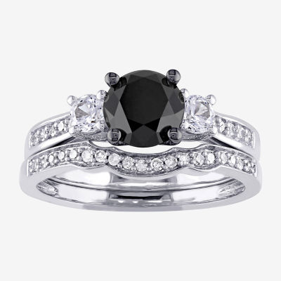 Midnight Black Womens 7/8 CT. T.W. Natural Diamond 10K White Gold Round Side Stone 3-Stone Bridal Set