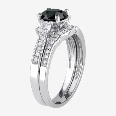 Midnight Black Womens 7/8 CT. T.W. Natural Diamond 10K White Gold Round Side Stone 3-Stone Bridal Set