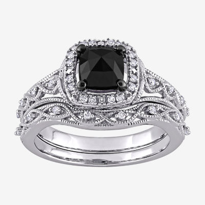 Womens 1 1/5 CT. T.W. Natural Black Diamond 10K Gold Cushion Halo Bridal Set