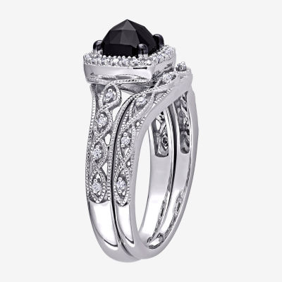 Womens 1 1/5 CT. T.W. Natural Black Diamond 10K Gold Cushion Halo Bridal Set