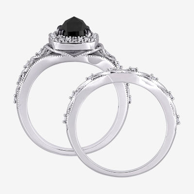 Womens 1 1/5 CT. T.W. Natural Black Diamond 10K Gold Cushion Halo Bridal Set