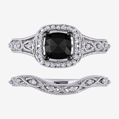 Womens 1 1/5 CT. T.W. Natural Black Diamond 10K Gold Cushion Halo Bridal Set