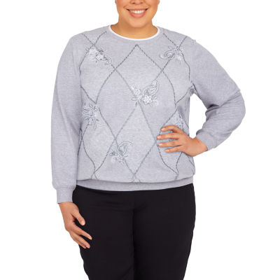 Alfred Dunner Plus Floral Park Womens Crew Neck Long Sleeve Sweatshirt