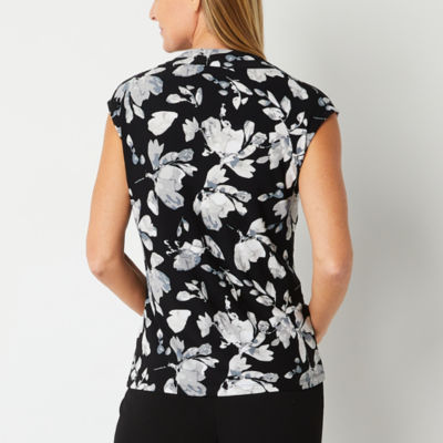 Black Label by Evan-Picone Floral Womens Cowl Neck Short Sleeve Blouse