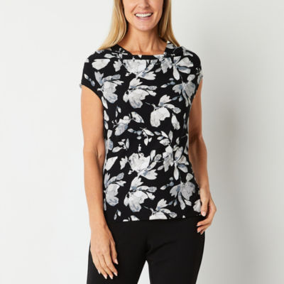 Black Label by Evan-Picone Floral Womens Cowl Neck Short Sleeve Blouse