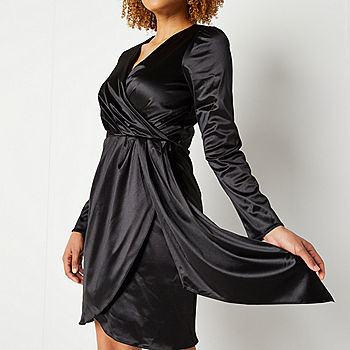 Black Satin Long Sleeve Wrap Dress