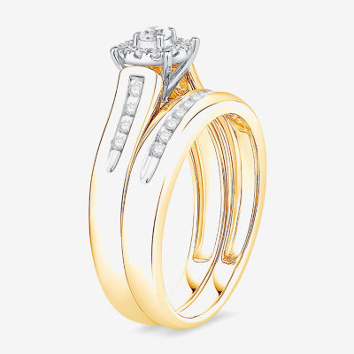 (I / Si1) 3PC Trio Set Featuring 3/8 CT. T.W. Lab Grown White Diamond 10K Two Tone Gold Round Side Stone Wedding Bridal Set