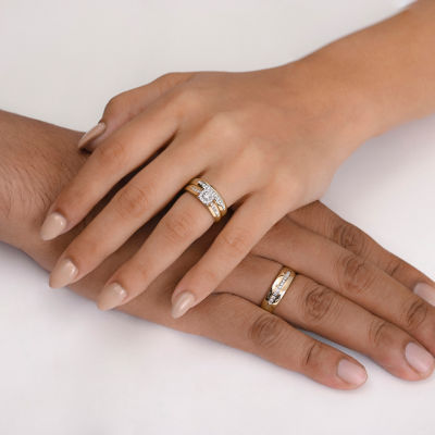 (I / Si1) 3PC Trio Set Featuring 3/8 CT. T.W. Lab Grown White Diamond 10K Two Tone Gold Round Side Stone Wedding Bridal Set