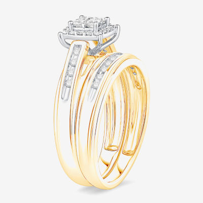 (I / Si1) 3PC Trio Set Featuring 1/2 CT. T.W. Lab Grown White Diamond 10K Two Tone Gold Side Stone Wedding Bridal Set