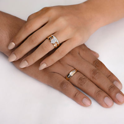 (I / Si1) 3PC Trio Set Featuring 1/2 CT. T.W. Lab Grown White Diamond 10K Two Tone Gold Marquise Side Stone Wedding Bridal Set