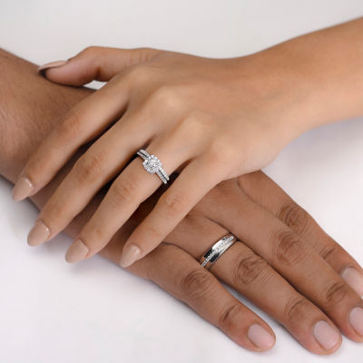 (I / Si1) 3PC Trio Set Featuring 1 CT. T.W. Lab Grown White Diamond 10K White Gold Round Side Stone Wedding Bridal Set