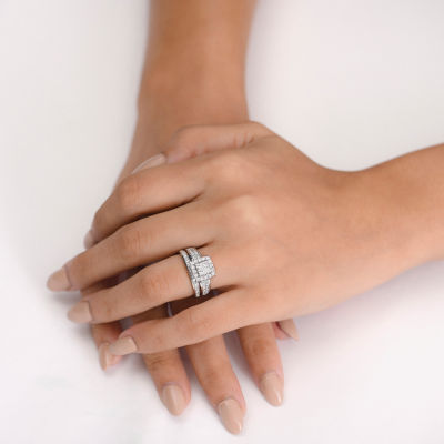 (I / Si1) 3PC Trio Set Featuring 1 1/2 CT. T.W. Lab Grown White Diamond 10K White Gold Side Stone Wedding Bridal Set