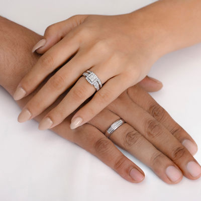 (I / Si1) 3PC Trio Set Featuring 1 1/2 CT. T.W. Lab Grown White Diamond 10K White Gold Side Stone Wedding Bridal Set