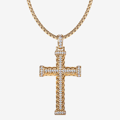 Mens Cubic Zirconia Stainless Steel Cross Pendant Necklace