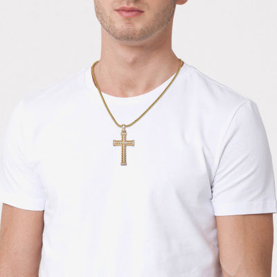 Mens Cubic Zirconia Stainless Steel Cross Pendant Necklace