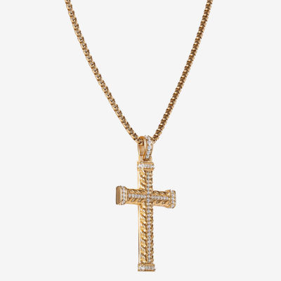 Mens Cubic Zirconia Stainless Steel Cross Pendant Necklace