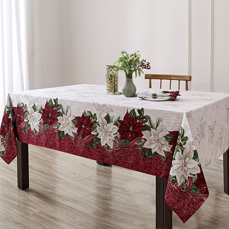 Elrene Home Fashions Clarette Poinsettia Holiday Fabric Tablecloths, One Size, Red