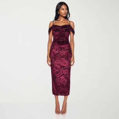 Premier Amour Womens Cold-Shoulder Short Sleeve Velvet Midi Sheath